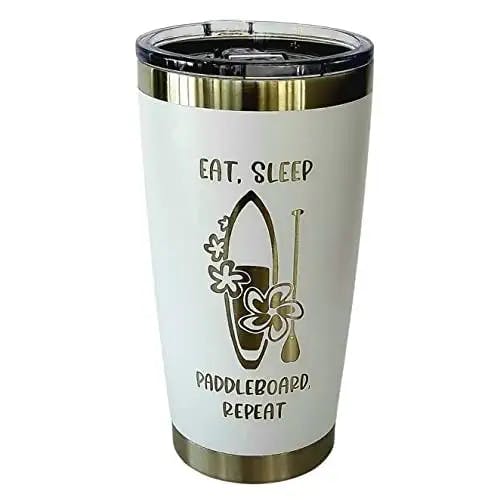 Eat Sleep Paddle Board Coffee Tumbler (White), SUP Paddle Board 20oz stainless steel tumbler, Stand Up Paddleboarding Gear, To GoTravel Coffee Mug
