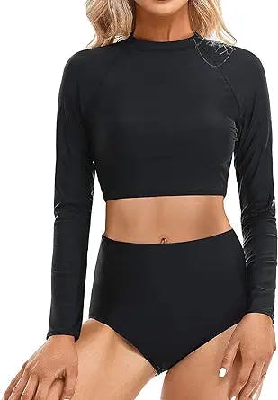 Pinup Fashion Two Piece Rash Guard Long Sleeve Bathing Suits Women Swimsuit Top with High Waist Short Tankini Set UV UPF 50+