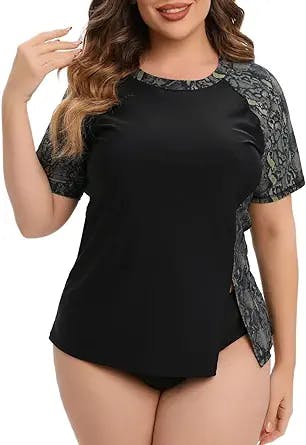 Women Plus Size Rash Guard Short Sleeve Rashguard Swim Shirt Built in Bra UPF Swimsuit Workout Bathing Suits Top
