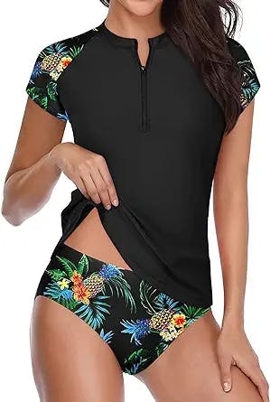Holipick Women Two Piece Short Sleeve Rash Guard Cap Sleeve Bathing Suit Zipper Swimsuit Bulid in Bra Swim Shirt