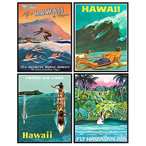 Hawaii Wall Decor - Hawaiian Wall Art - Hawaiian Wall Decor - Tropical Decor - Surfing Wall Art - Surf Decor - Ocean Wall Decor - Vintage Travel Posters - 8x10 Picture Set