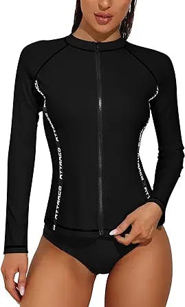 ATTRACO Rash Guard for Women Long Sleeve Swimsuits Zipper Front Printed Swim Shirt Uv Protection UPF 50