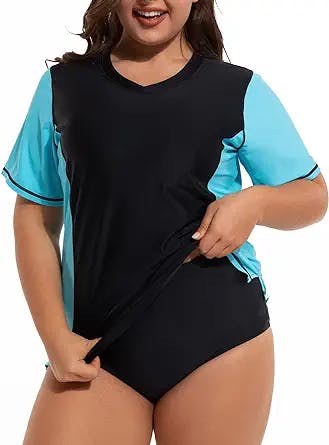 Tournesol Women's Plus Size Rash Guard UV Sun Protection Swim Shirts Short Sleeve Swimwear Swimsuit Tops