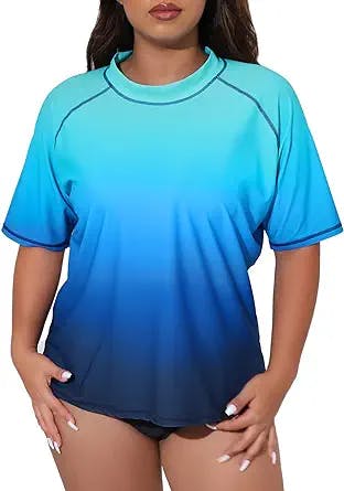 Halcurt Women's Plus Size Short Sleeve Rashguard Loose Fit UPF 50 Swim Shirt