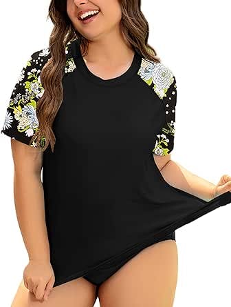 COOTRY Womens Plus Size Rash Guard Short Sleeve Swim Shirt UPF 50+ Sun Protection Swimsuit Top