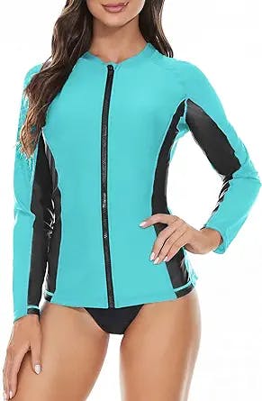 Women's Long Sleeve Rash Guard Zip Front Swimsuits Top UV UPF 50+ Sun Protection Swim Shirt for Women Swimwear Bathing Suit