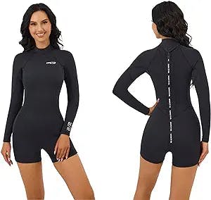 MWTA Womens Shorty Wetsuit, 2mm Neoprene Long Sleeve Swimsuit with Back Zip, Offers UV Protection, Wetsuit for Diving Snorkeling Swimming Surfing