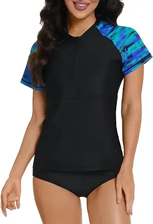 Bonneuitbebe Women Rash Guard Short Sleeve UPF 50 Sun Protection Printed Half Zip Swimsuit Top