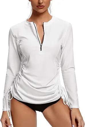 Inno Women's Long Sleeve Hooded Rash Guard Shirt Adjustable Ruched Side UPF 50+ Half-Zip Workout Top