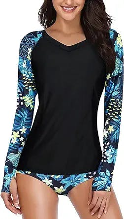 Holipick 2 Piece Long Sleeve Rash Guard for Women Swim Shirt with Bottom Bathing Suit Built in Bra Swimsuit UPF 50