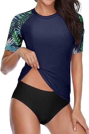 Holipick Two Piece Women Short Sleeve Rash Guard Swimsuit UPF50+ Swim Shirt Bathing Suit with Bikini Bottom for Teen Girls