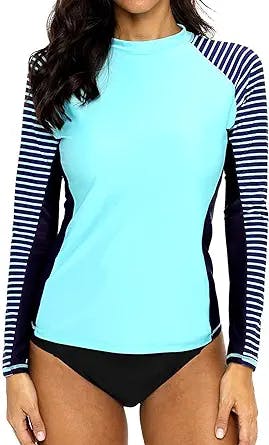 CharmLeaks Women's Long Sleeve Rashguard UPF 50 Sun Protection Swimsuit Top Striped Swim Shirts