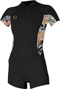 Women's Bahia 2/1mm Full Zip Short Sleeve Spring Wetsuit, Black/DemiFlor/DemiFlor, 10