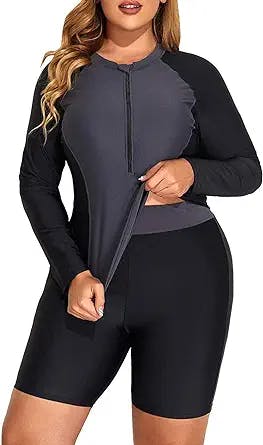 Daci Women 2 Piece Plus Size Long Sleeve Rash Guard Bathing Suit Zip Front Athletic Boy Shorts Tankini Swimsuits UPF 50
