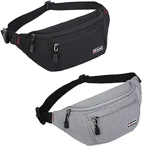2 Packs Fanny Packs for Men and Women, Water Resistant Sports Waist Pack Bag Bum Bag for Travel Hiking Running (Black + Gray)