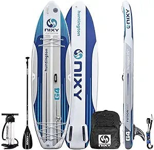 NIXY Huntington Paddle Board Ultra-Compact Inflatable SUP 9'6" x 32” x 6” Lightweight Stand Up Paddleboard Built with Dual Layer Woven Drop Stitch Includes Carbon Hybrid Paddle, Pump, Bag (Blue)