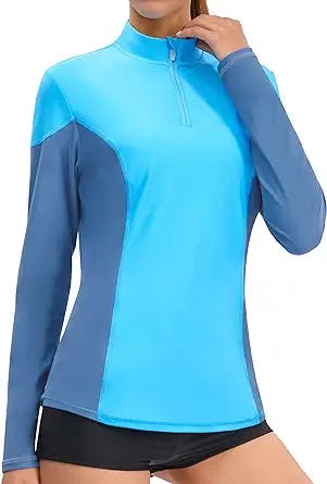 PERSIT Women’s Rashguard UV SPF 50+ Long Sleeve Swim Shirts Colorblock Half Zipper Swimming Swimsuit Top