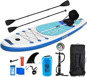 CYFIE Inflatable Paddle Board for Adult, 10.6ft Fishing Standup Paddleboard with Kayak Seat, SUP Accessories, Pump, 4 Pcs Paddles, Backpack, Camera Mount, Leash, Removable Fin