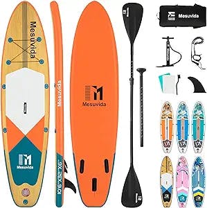 Mesuvida Inflatable Stand Up Paddle Board 2-Paddle SUP Board with Double Action Pump & Full Accessories of Removable Fins, Leash, Backpack and Repair Kit 10.6'x32''x6'