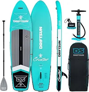 Driftsun Cruiser Inflatable Paddle Board - 10.5ft x 32in Board SUP Package with Accessories, Travel Backpack, Adjustable Paddle, Coil Leash and Removable Fin, Non-Slip Deck Pad, Youth & Adult ISUP