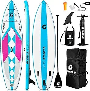 GLOPLE Inflatable Stand Up Paddle Board, 10'6''/11' SUP W/Accessories Backpack, Adj Paddle, Double Action Pump, Waterproof Bag, Leash, Non-Slip Deck Beginner/Intermediate ISUP for Adults & Youth