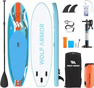 Wolf Armor Inflatable Stand Up Paddleboard with Adjustable Paddle,Safety Leash, Hand Pump, SUP Accessories&Backpack,Waterproof Bag, Removable Fin,Antislip Deck, Standing Boat for Youth and Adult
