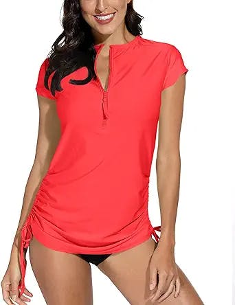 BesserBay Women's UV Sun Protection 1/4 Zip Short Sleeve Ruched Rash Guard Swim Top
