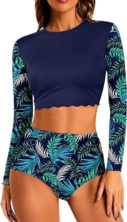 Yonique Womens Long Sleeve Swimsuit Rash Guard Swim Shirt Crop Swim Tops with Shorts Two Piece Bathing Suits