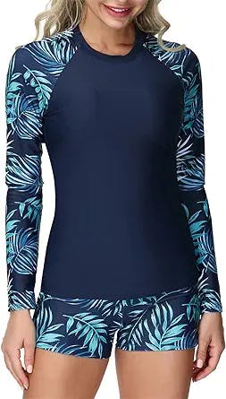 JASAMBAC Womens Rash Guard UV UPF 50+ Long Sleeve Surfing Two Piece Swimsuits with Built in Bra