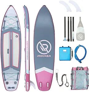 iROCKER Cruiser Inflatable Stand Up Paddle Board, Ultra Series, 10'6" Long 33" Wide 6" Thick Premium SUP with Enhanced Backpack, Fins, 12V Electric Pump & Accessory Pouch, 10' Leash