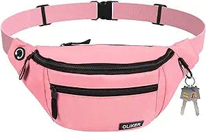 OLIKER Fanny Pack for Men Women,Large Crossbody Waist Bag Pack with 4-Zipper Pockets Adjustable Straps Side Key Ring Gifts for Outdoor Sports for Walking Running Travel Hiking Fit All Phones (Pink)