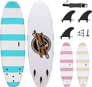 South Bay Board Co. - Beginner Surfboards - 5' / 6' / 8' Sizes - Safe Foam Surf Boards for Kids & Adults – Includes Surfboard Leash & Safe Round Edge Fins - Carry Handle for Easy Transportation
