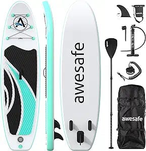 awesafe Inflatable Stand Up Paddle Board 10'x32''x6'' SUP with ISUP Accessories Backpack, Fin, Paddle, Double Action Pump, Leash, Waterproof Bag for Youth & Adult