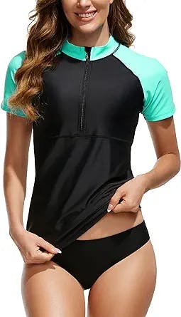 Bonneuitbebe Women's Rash Guard Short Sleeve UPF 50+ Swim Shirt Half Zipper UV Protection Rashguard Shirts Swimsuit Top