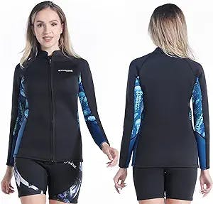 LayaTone Wetsuit Top Women 3mm Neoprene Wetsuit Jacket Long Sleeves Print with Front Zipper Ladies Wet Suits Top for Scuba Diving Surfing Suit