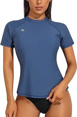 ATTRACO Women Rash Guard Short Sleeve Swimsuit Top Colorblock UPF 50 Sporty Swim Shirt