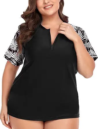 COOTRY Womens Plus Size Rash Guard Short Sleeve Swim Shirt UPF 50+ Sun Protection Zip Swimsuit Tops