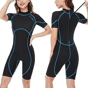 OMGear Wetsuit Women Men 2mm Neoprene Dive Shorty Wet Suit Thermal Short Sleeve Swimsuit for Adults Front Zipper UV Protection Bathing Suit for Snorkeling Scuba Diving Freediving Swimming Surfing Spearfishing