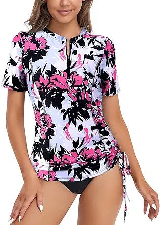 LURANEE Womens Short Sleeve Rash Guard Shirts UPF 50+ Side Adjustable Wetsuit Swimsuit Top S-XXL