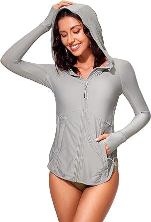 CRZ YOGA Womens UPF 50+ Zip Front Hoodie Long Sleeve Rash Guard - Quick Dry Lightweight UV Sun Protection Swim Shirts