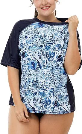 ATTRACO Plus Size Rash Guard for Women Short Sleeve UPF 50 Swim Shirt Floral Print