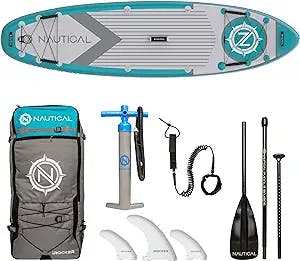 iROCKER Nautical Inflatable Stand Up Paddle Board, Superb Maneuverability 10' Long 32" Wide 6" SUP with Premium Bag, Adjustable Paddle, Pump, Leash, Fins & Repair Kit
