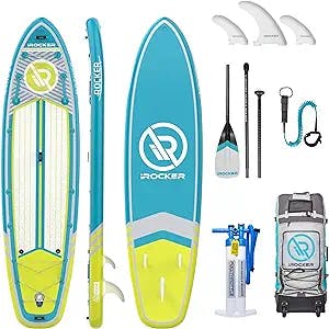 iROCKER All-Around Inflatable Stand Up Paddle Board, Extremely Stable, Premium SUP with Roller Bag, Carbon Paddle, Pump, Leash, Fins & Repair Kit