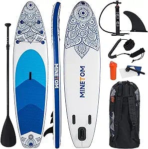 Minetom Inflatable Stand Up Paddle Board for All Skill with Premium SUP Accessories & Carry Bag, Wide Stance, Surf Control, Non-Slip Deck, Leash, Paddle and Hand Pump for Youth & Adult