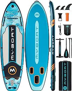 MYBOAT 10'6"×35"×6" Extra Wide Inflatable Paddle Board, Stand Up Paddle Board for Women, Sup Board with Multi-functional Handle,3 Removable Fins, Dual Bungees, Camera Mount, Floating Paddle, Hand Pump